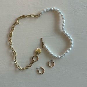 Gold and pearl necklace + earrings set